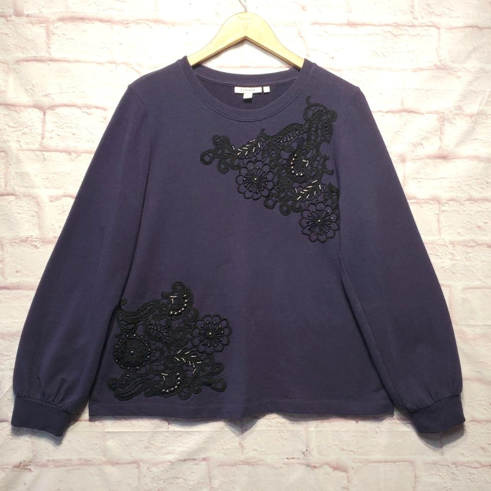 Chicos Shirt Womens Medium Purple Embroidered Beaded Floral Long Sleeve Chic Top